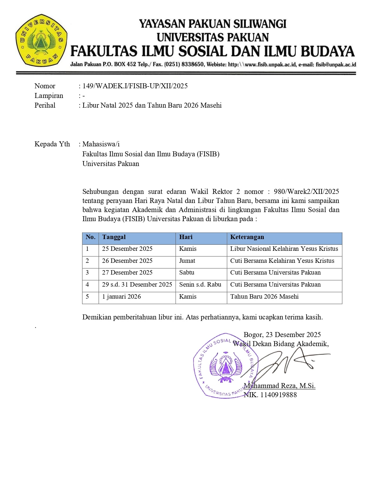 Edaran Libur Perkuliahan FISIB Page 0001